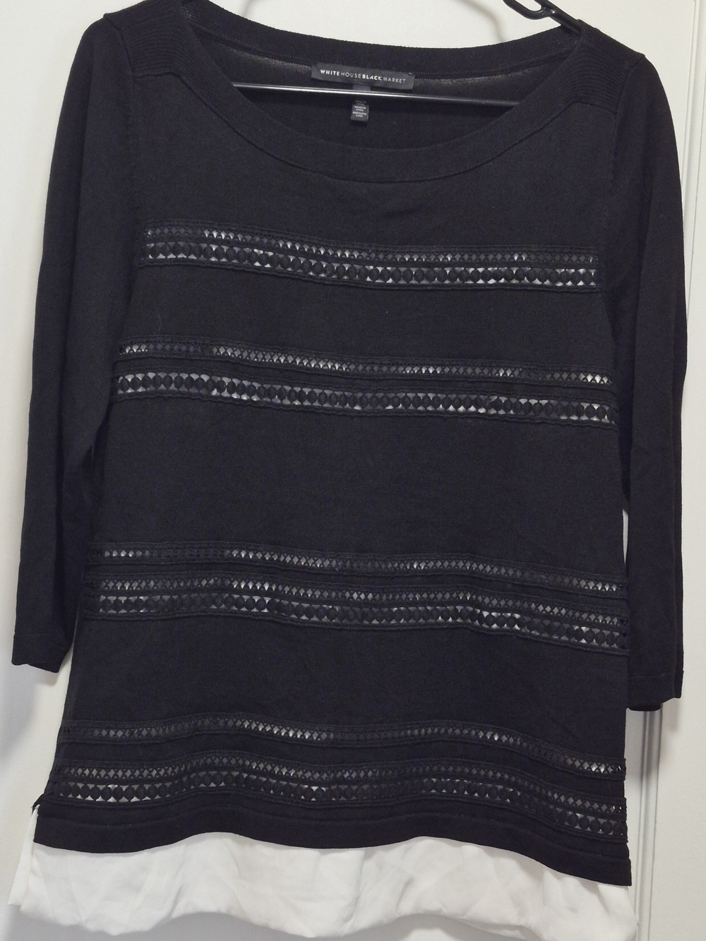 White House Black Market Black Knit Long Sleeve Top with White Faux-Layer Hem